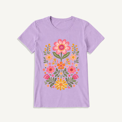 Retro Folk Garden Bloom Print Crew Neck Cotton Tee