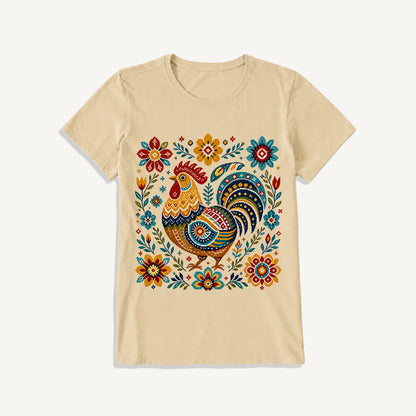Folk Art Rooster Embroidery Print Crew Neck Cotton Tee