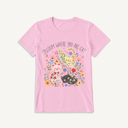 Floral Feline Bloom Print Crew Neck Cotton Tee