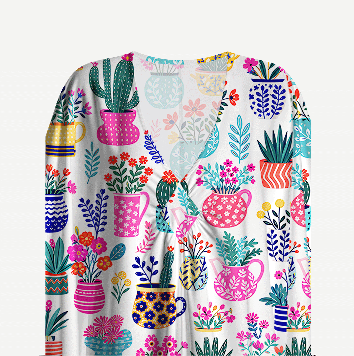 Cactus and Flowers Kimono Sleeve Kaftan Dress