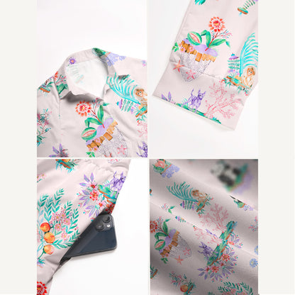 V Neck Collared Panda Garden Print Casual Midi Dress With Pockets