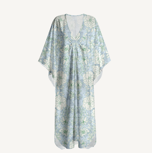 V‑Neck Mist Floral Kimono Sleeve Kaftan Dress