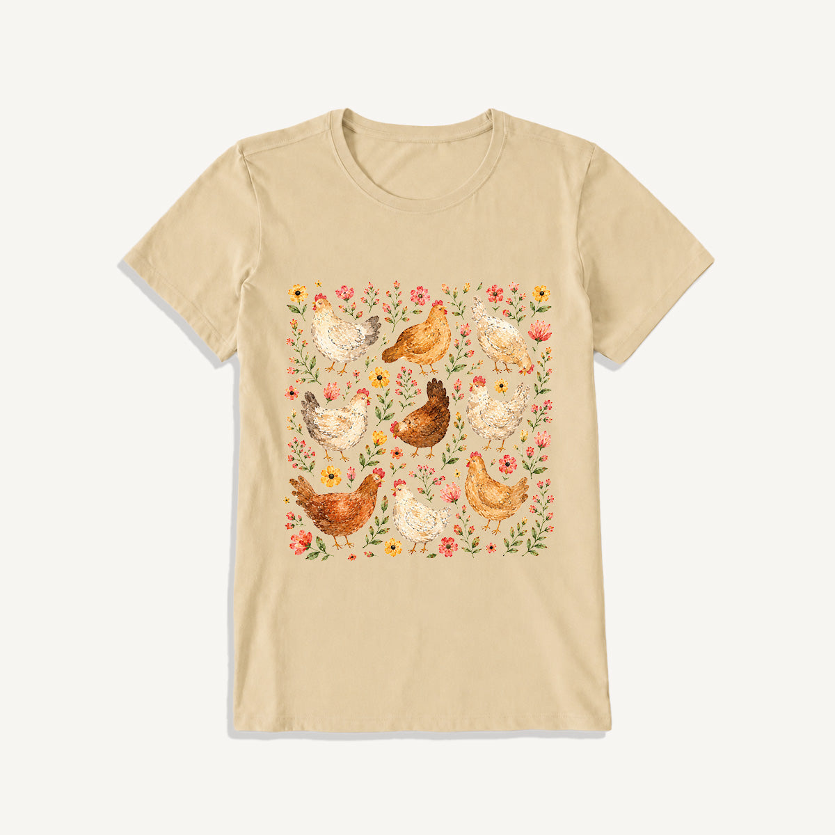 Country Chicken Wildflower Garden Print Crew Neck Cotton Tee