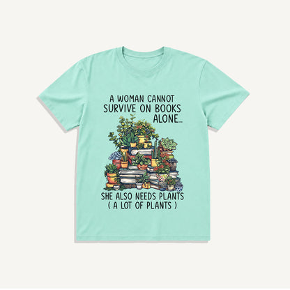 Books and Potted Plants Print Crew Neck Cotton Tee