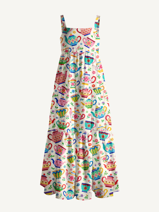 Whimsical Beaded Teapots Print Wide Straps Maxi Dress With Pockets