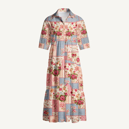 Vintage Pink and Blue Floral Patchwork Print Casual Midi Dress With Pockets