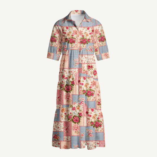 Vintage Pink and Blue Floral Patchwork Print Casual Midi Dress With Pockets