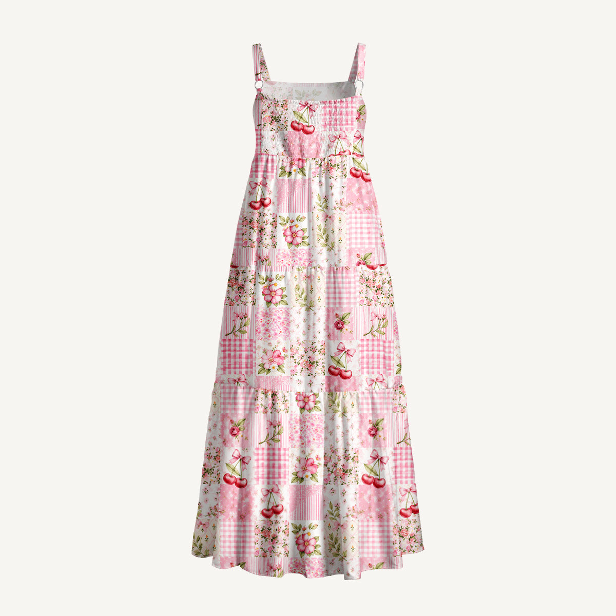 Strawberry Bow Garden Patchwork Print Wide Straps Maxi Dress With Pockets