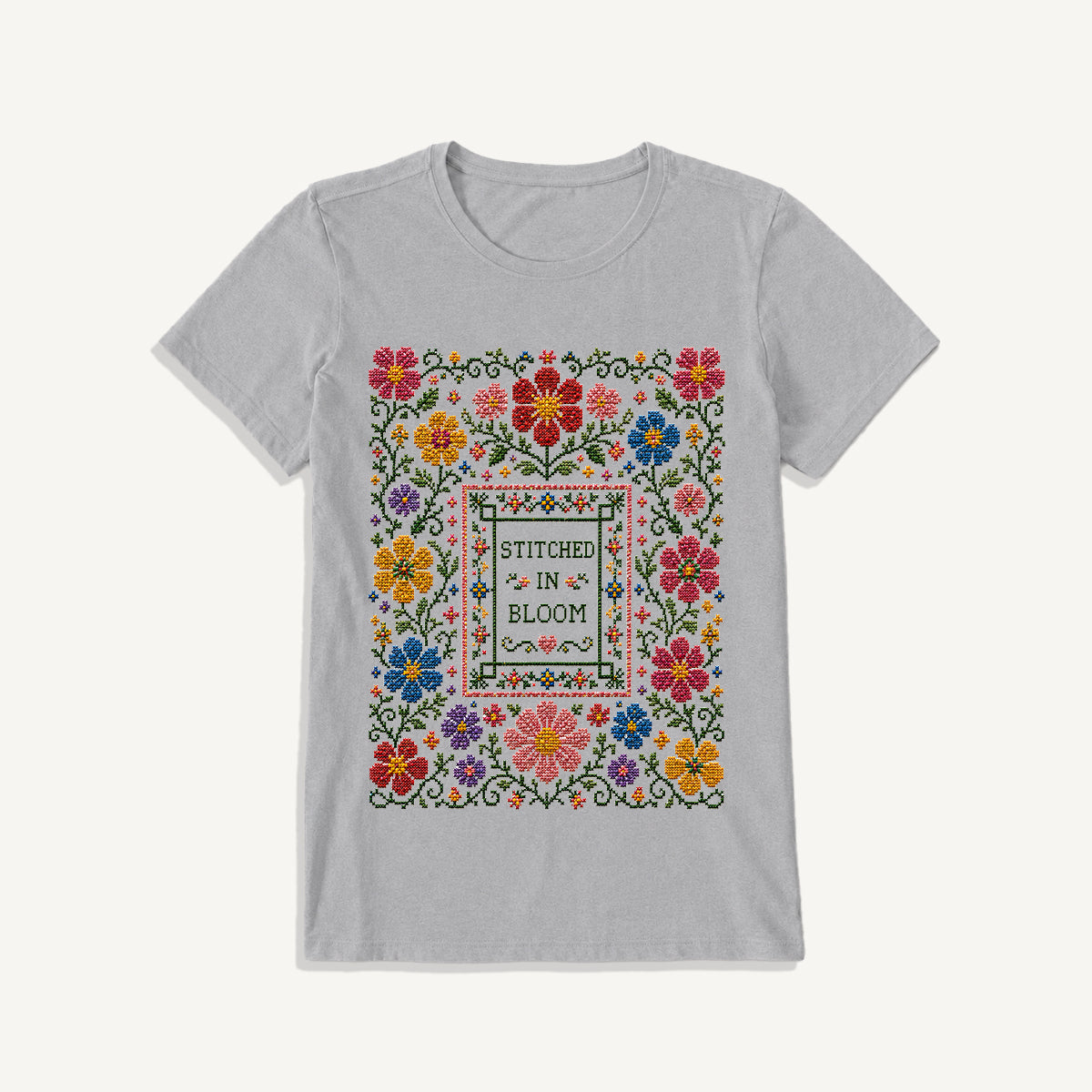 Blooming Folk Floral Cross-Stitch Print Crew Neck Cotton Tee