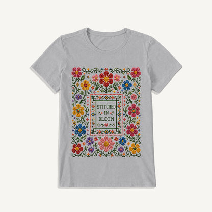 Blooming Folk Floral Cross-Stitch Print Crew Neck Cotton Tee
