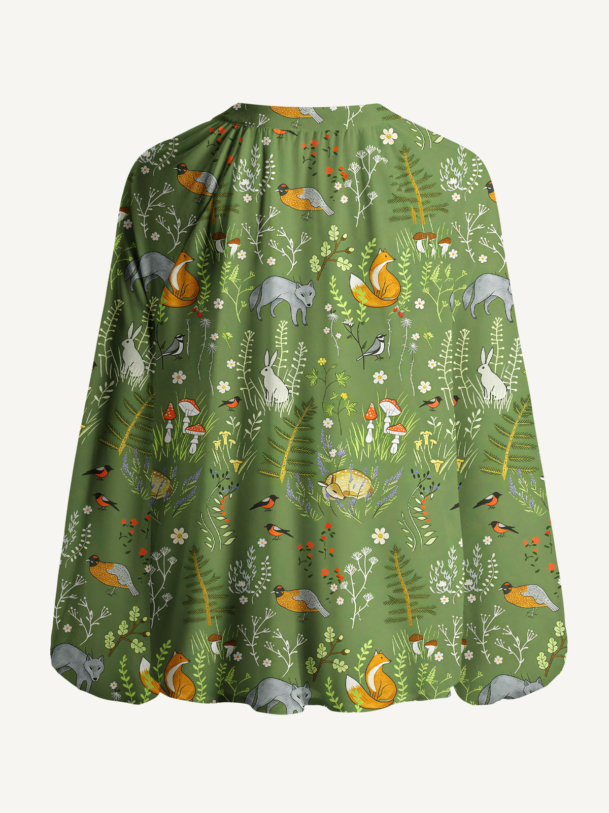 Whimsical Woodland Animals Print Boho Long Sleeve Tie‑Neck Blouse