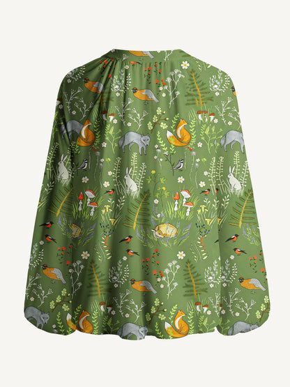 Whimsical Woodland Animals Print Boho Long Sleeve Tie‑Neck Blouse