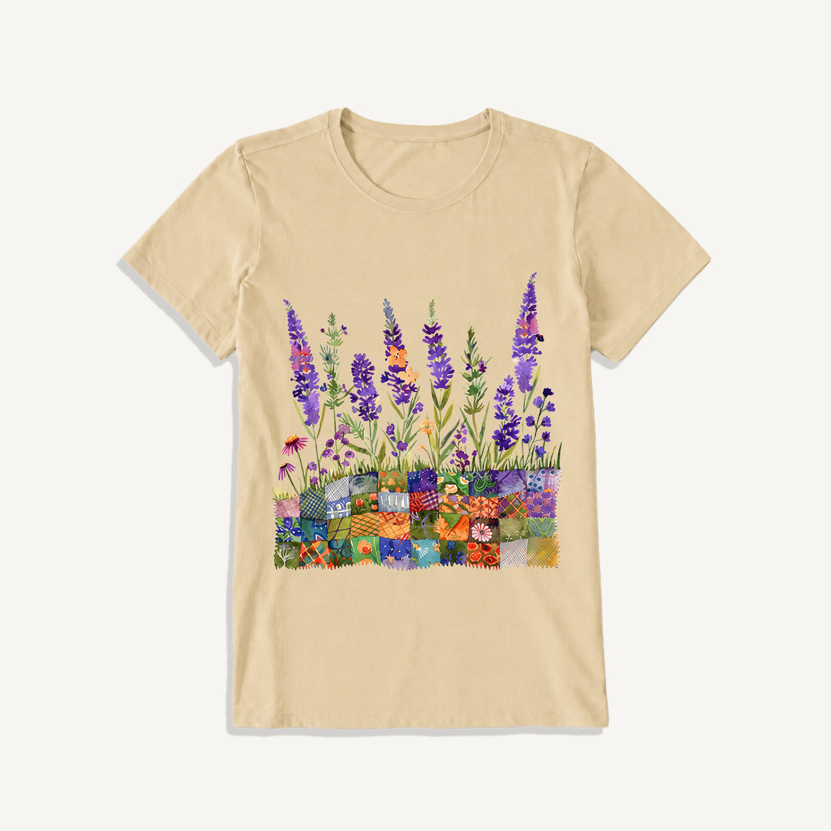 Lavender on Patchwork Meadow Print Crew Neck Cotton Tee