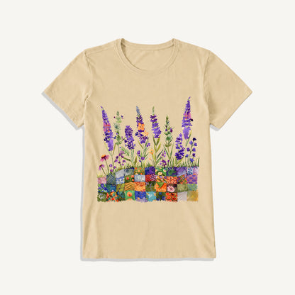 Lavender on Patchwork Meadow Print Crew Neck Cotton Tee