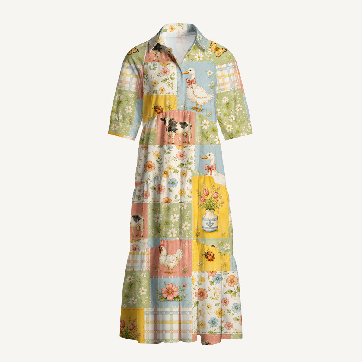 V Neck Collared Vintage Farm Patchwork Print Casual Midi Dress With Pockets