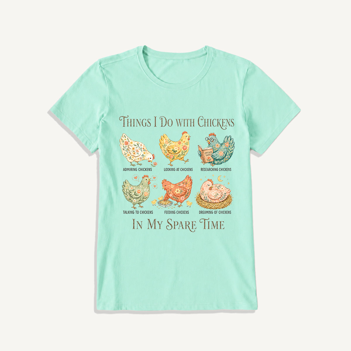 Floral Chicken Garden Life Print Crew Neck Cotton Tee