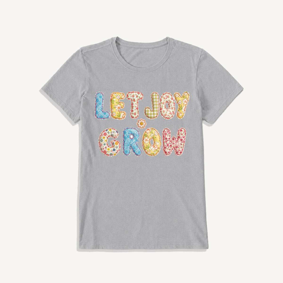 Let Joy Grow Patchwork Print Crew Neck Cotton Tee