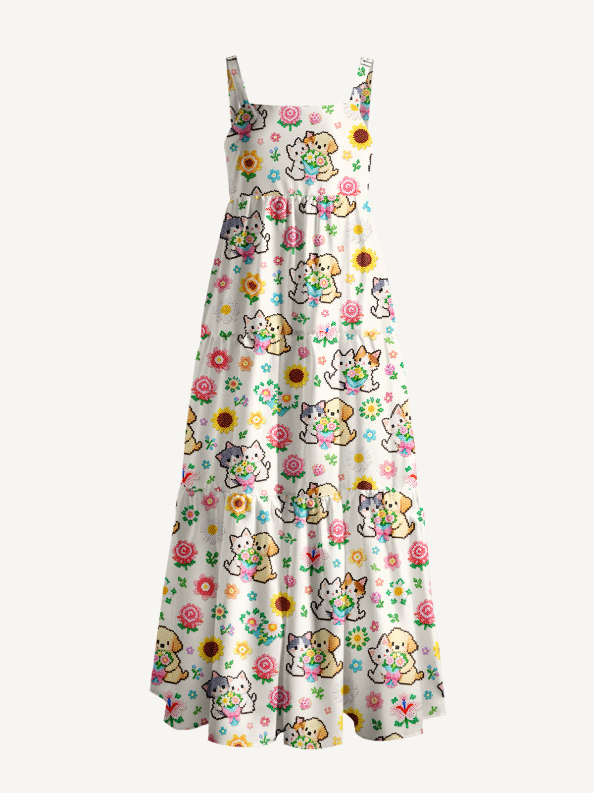 Perler Bead Flower Cat Dog Print Wide Straps Maxi Dress With Pockets