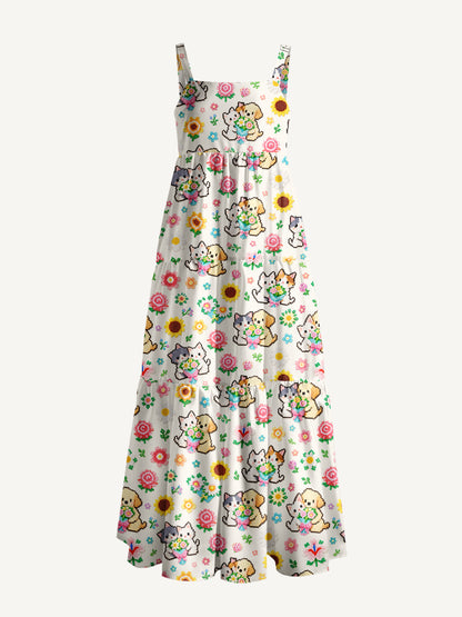 Perler Bead Flower Cat Dog Print Wide Straps Maxi Dress With Pockets