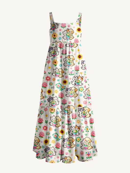 Perler Bead Flower Cat Dog Print Wide Straps Maxi Dress With Pockets