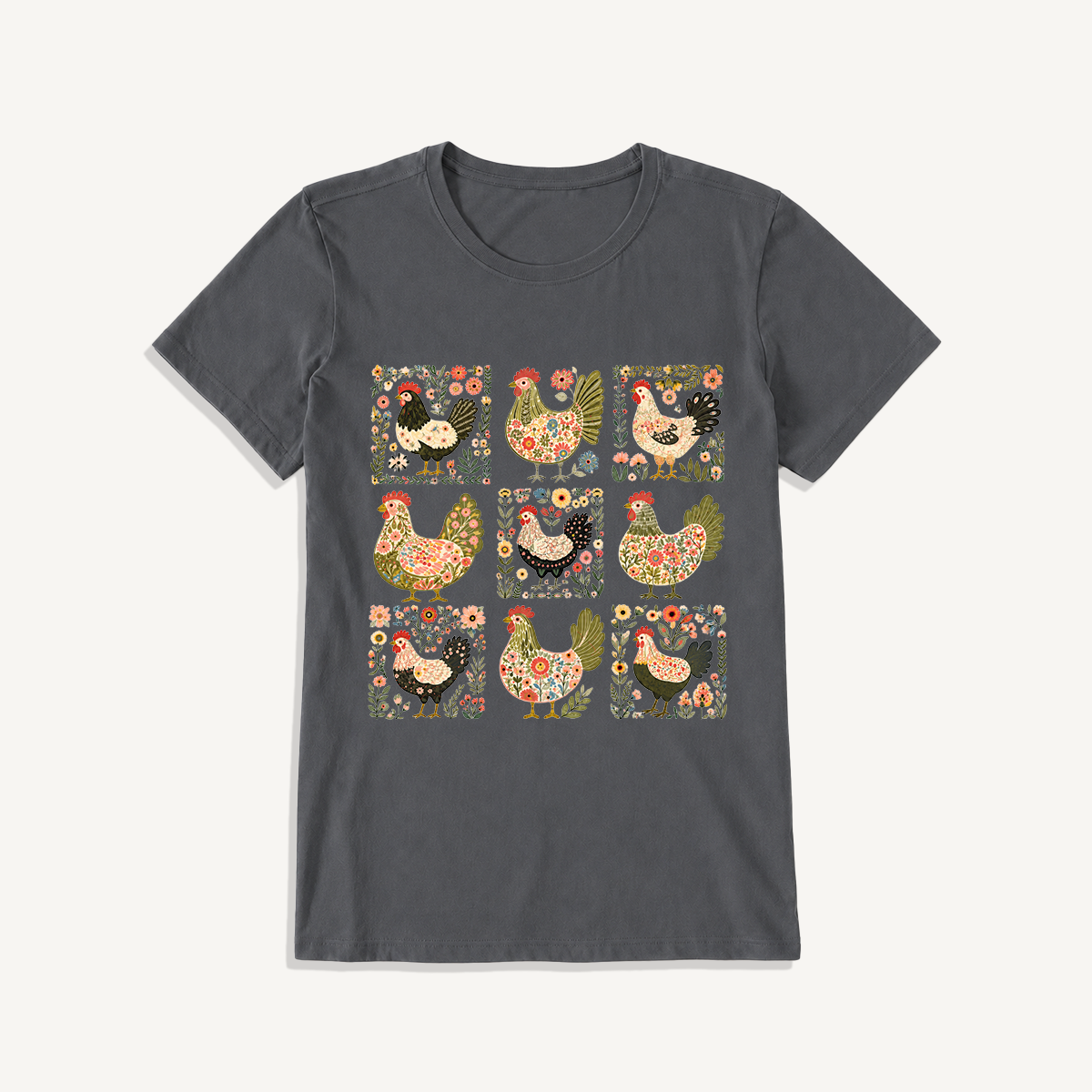 Folk Hen Grid Print Crew Neck Cotton Tee
