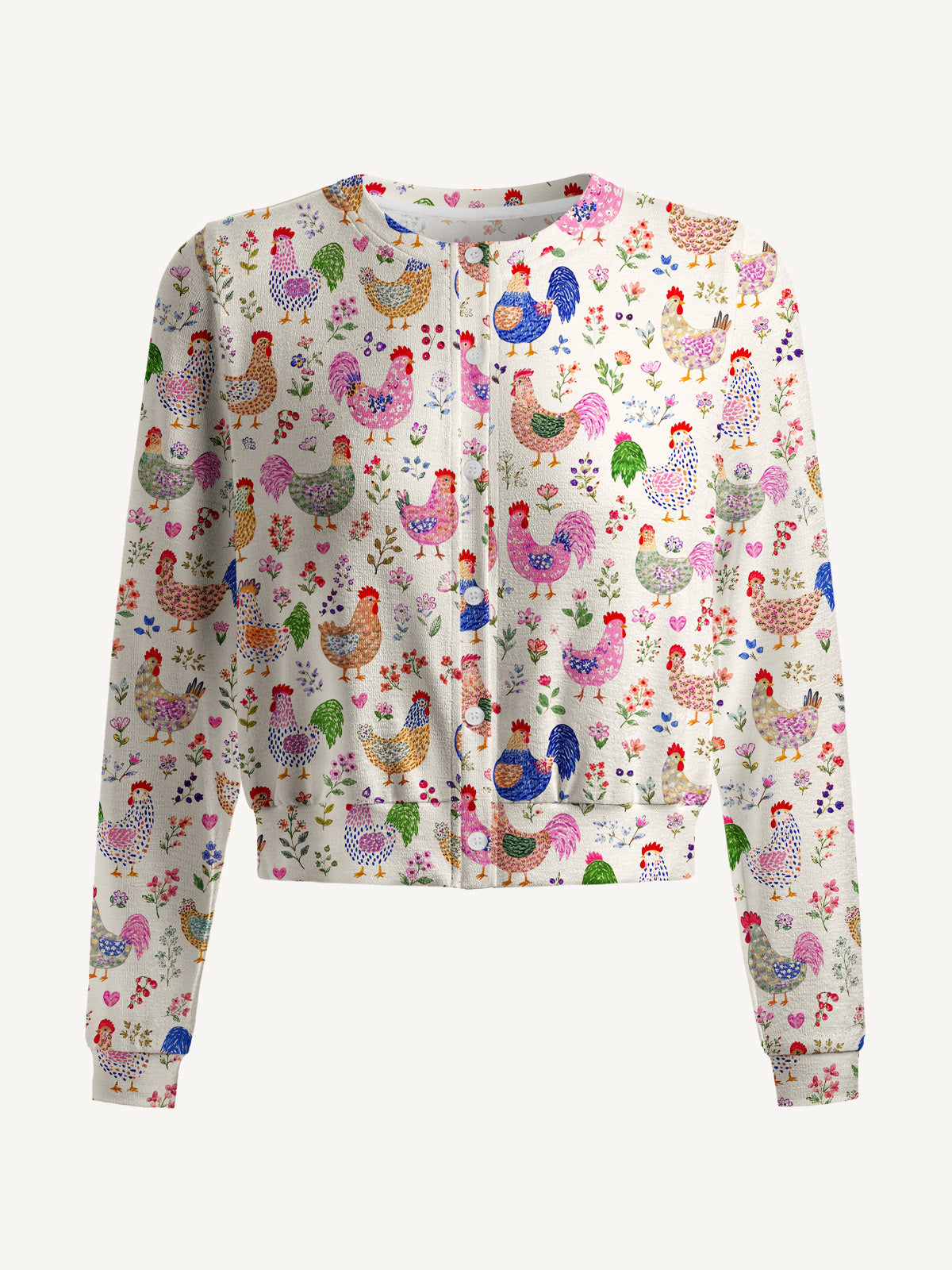 Lightweight Crew Neck Long‑Sleeve Cropped Colorful Farm Chickens Print Fine‑Knit Cardigan