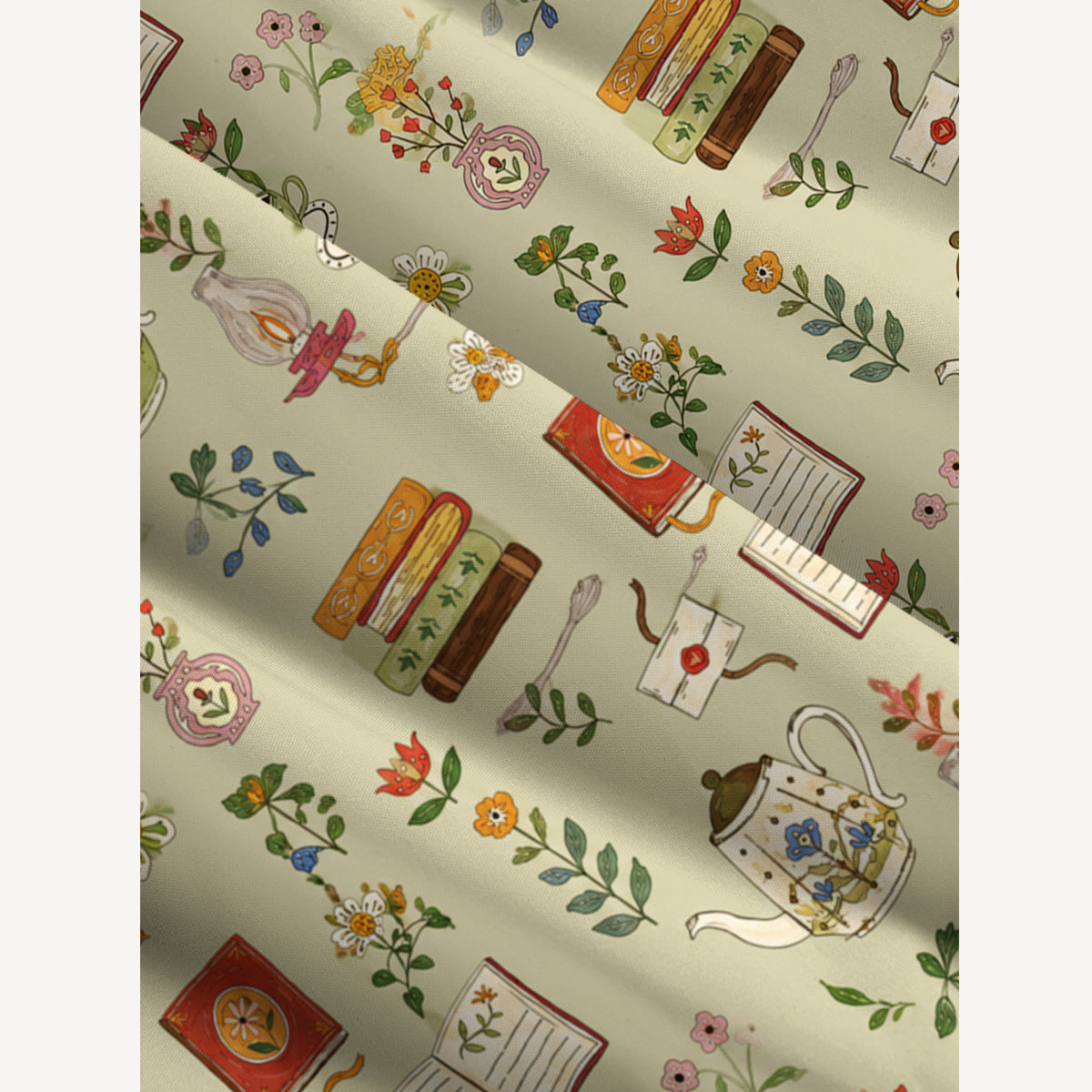 Tea Flowers and Books Print Wide Straps Maxi Dress With Pockets