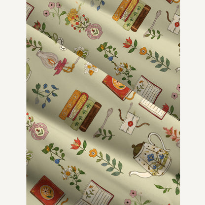 Tea Flowers and Books Print Wide Straps Maxi Dress With Pockets