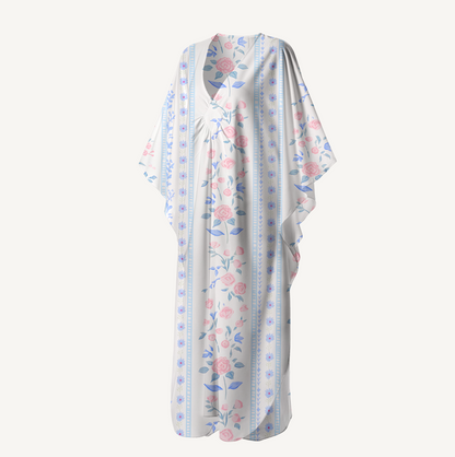 V‑Neck Blue Rose Kimono Sleeve Kaftan Dress