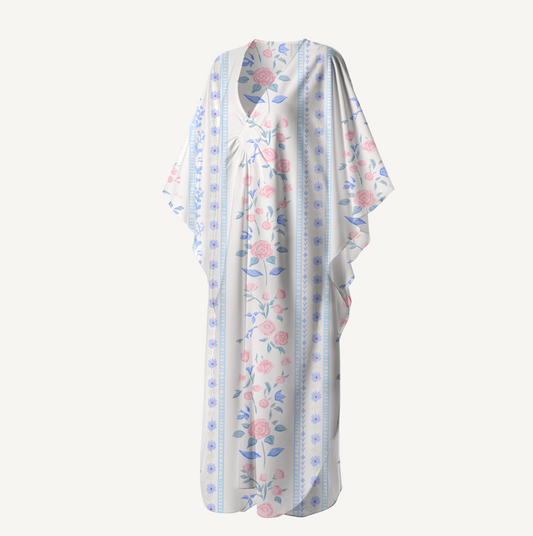 V‑Neck Blue Rose Kimono Sleeve Kaftan Dress