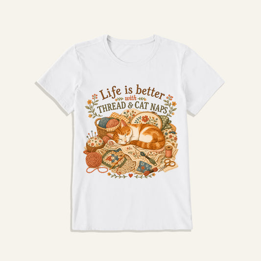 Thread and Cat Naps Print Crew Neck Cotton Tee