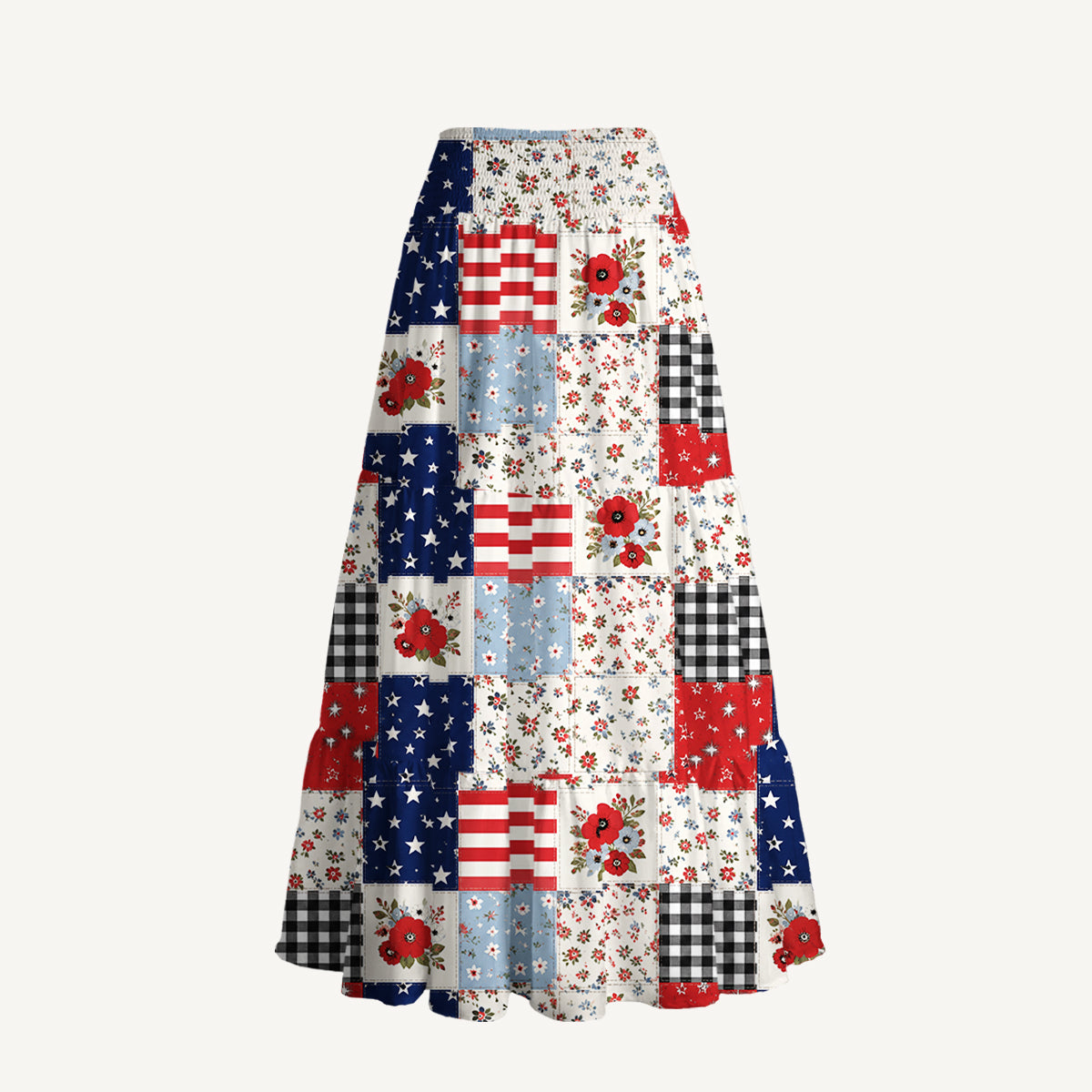 Flower Americana Patchwork Print Convertible Maxi Skirt & Strapless Dress
