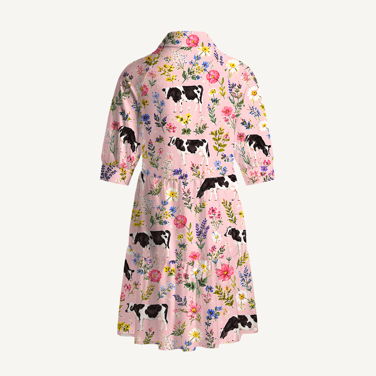 V Neck Collared Holstein Cattle Cow Farm Animal Floral Pink Mini Dress For Women With Pockets