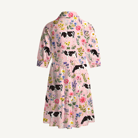 V Neck Collared Holstein Cattle Cow Farm Animal Floral Pink Mini Dress For Women With Pockets