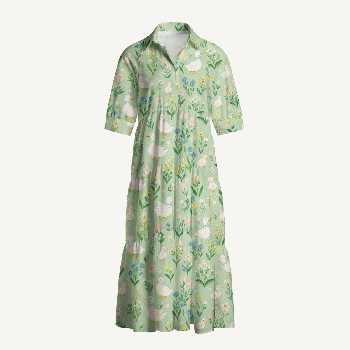 Country Duck & Bloom Print Casual Midi Dress With Pockets