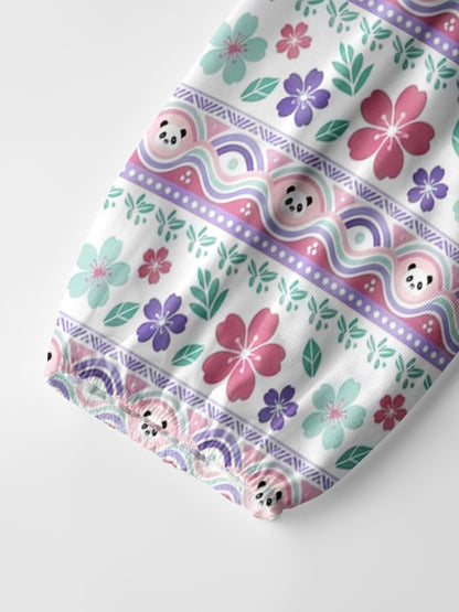 Panda Carnival Print Boho Long Sleeve Tie‑Neck Blouse
