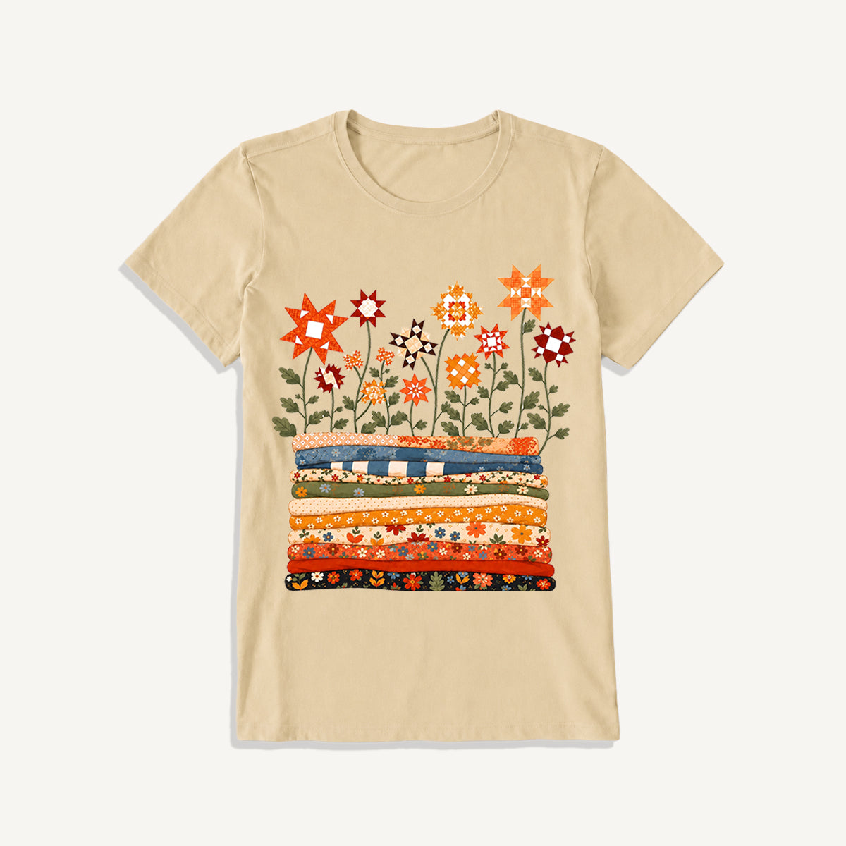 Patchwork Star Quilt Garden Print Crew Neck Cotton Tee