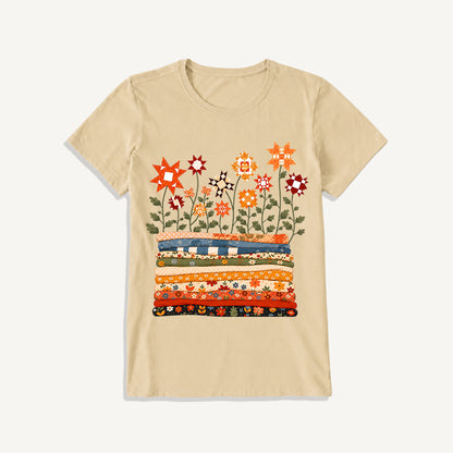 Patchwork Star Quilt Garden Print Crew Neck Cotton Tee
