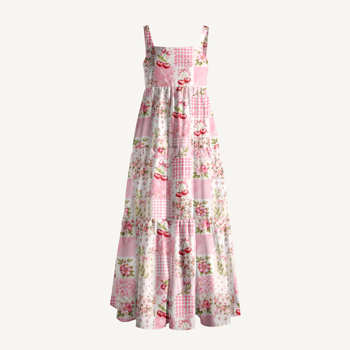 Strawberry Bow Garden Patchwork Print Wide Straps Maxi Dress With Pockets