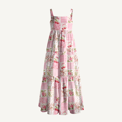 Strawberry Bow Garden Patchwork Print Wide Straps Maxi Dress With Pockets