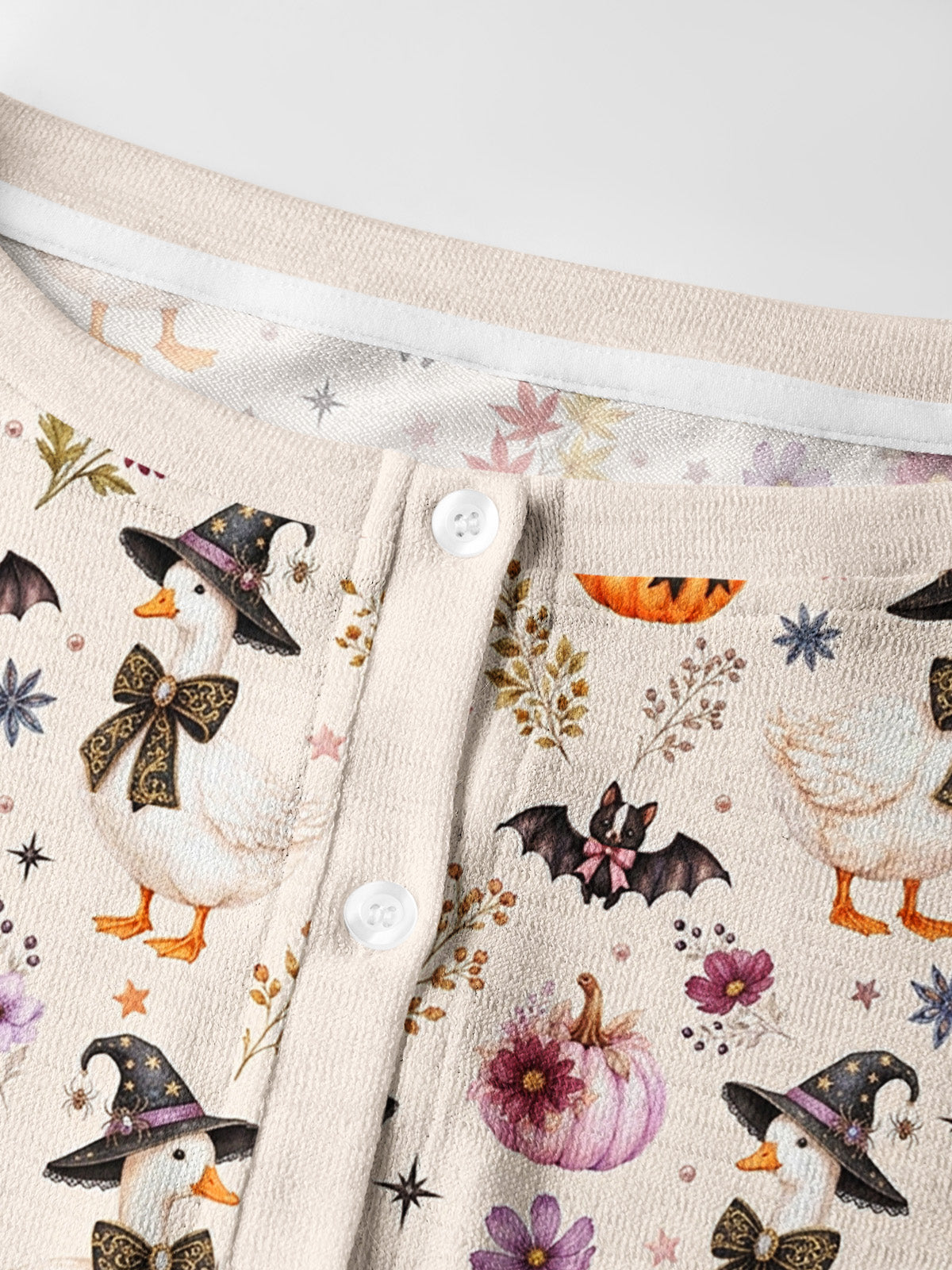 Lightweight Crew Neck Long‑Sleeve Cropped Rustic Halloween Goose Print Fine‑Knit Cardigan
