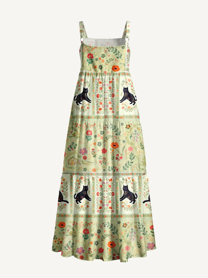 Cream Garden Black Cat Print Wide Straps Maxi Dress With Pockets