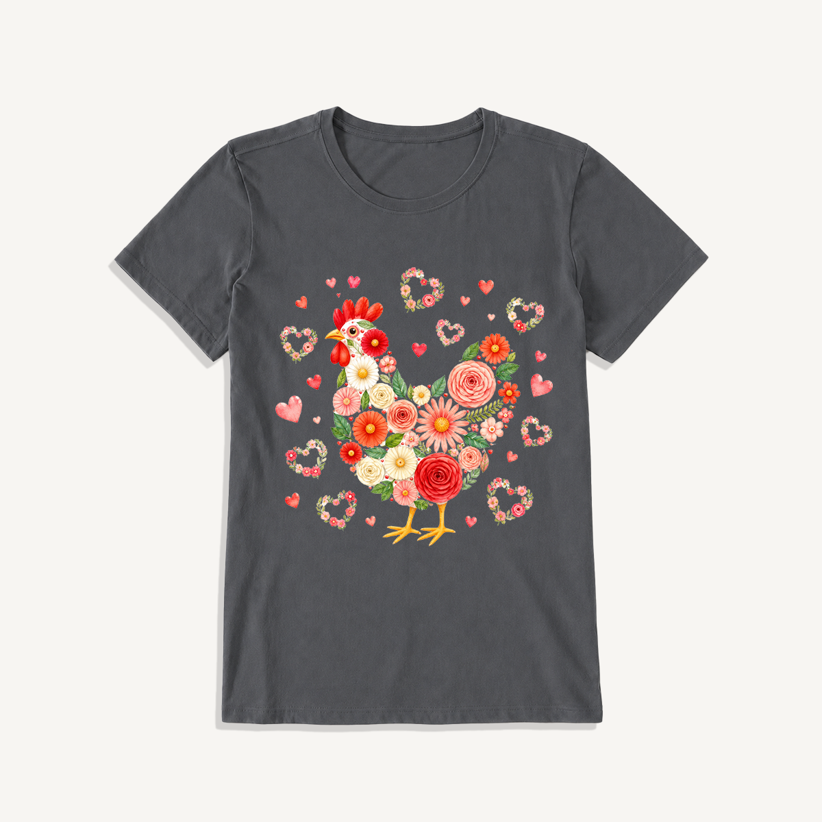 Blooms Floral Chicken Print Crew Neck Cotton Tee