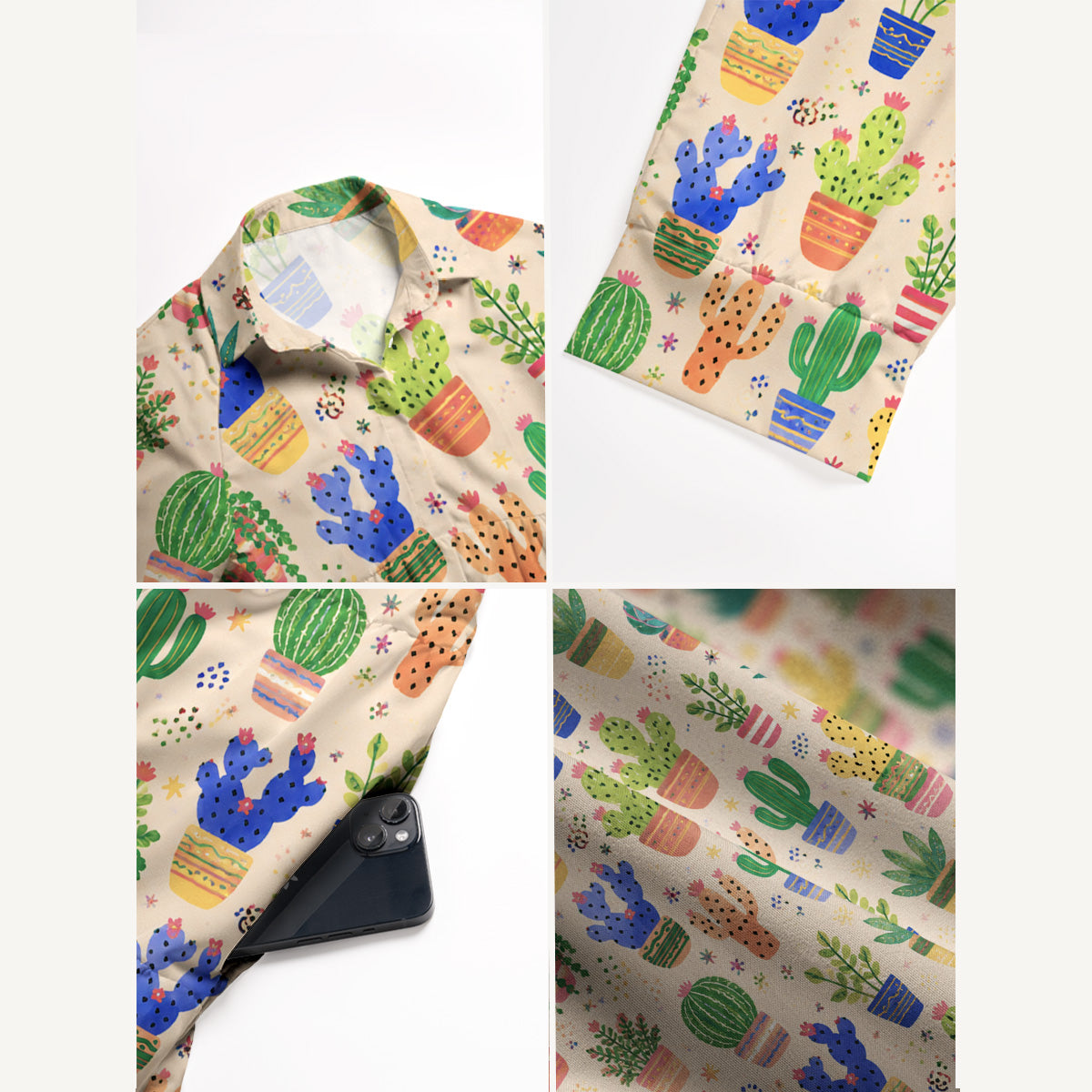V Neck Collared Colorful Cactus Garden In Pots Print Casual Midi Dress With Pockets