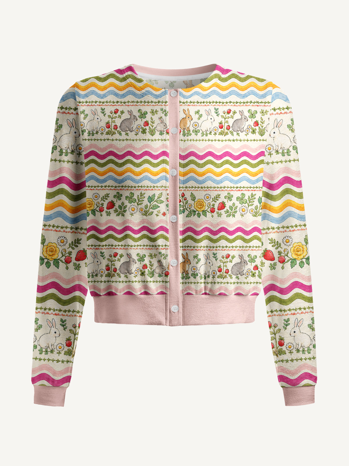 Lightweight Crew Neck Long‑Sleeve Cropped Strawberry Bunny Waves Print Fine‑Knit Cardigan