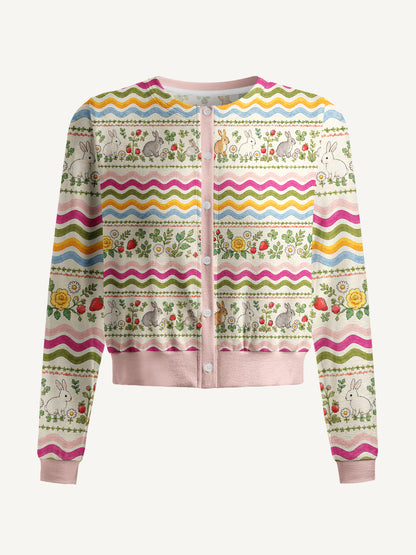 Lightweight Crew Neck Long‑Sleeve Cropped Strawberry Bunny Waves Print Fine‑Knit Cardigan