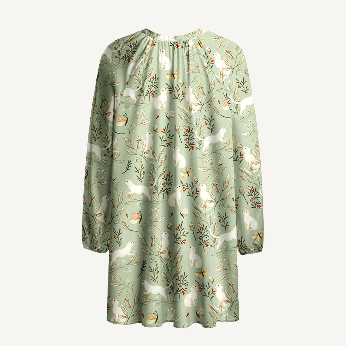 Enchanted Meadow Cat Print Boho Tie‑Neck Smock Mini Dress