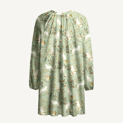 Enchanted Meadow Cat Print Boho Tie‑Neck Smock Mini Dress