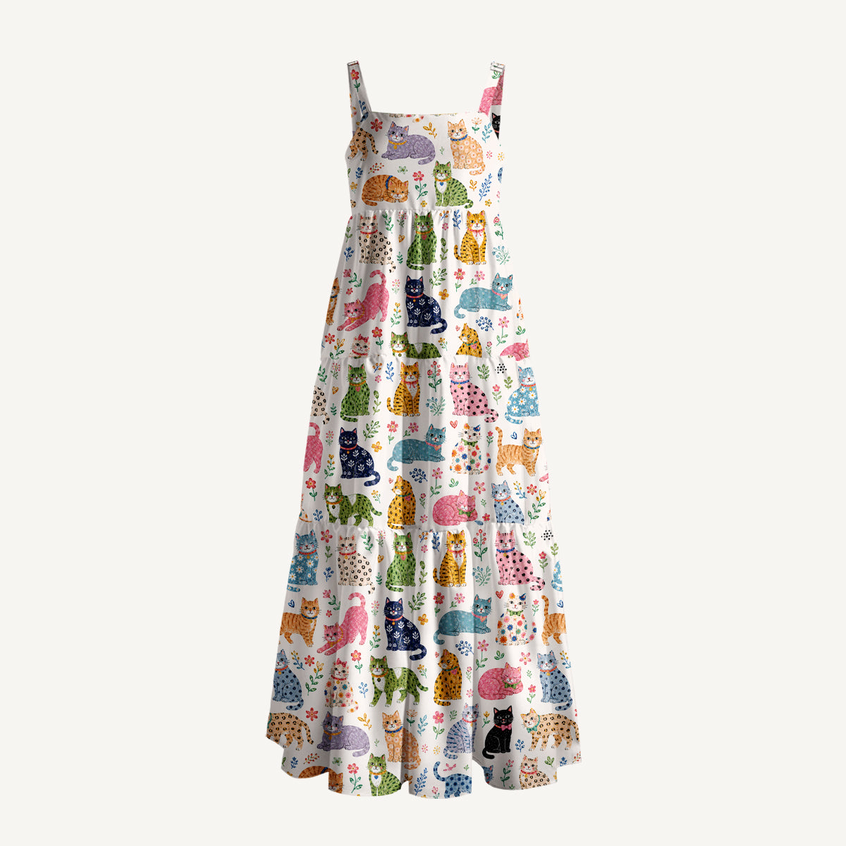 Playful Cats Floral Print Wide Straps Maxi Dress With Pockets