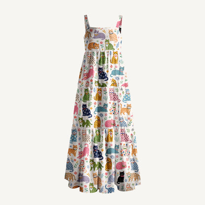 Playful Cats Floral Print Wide Straps Maxi Dress With Pockets